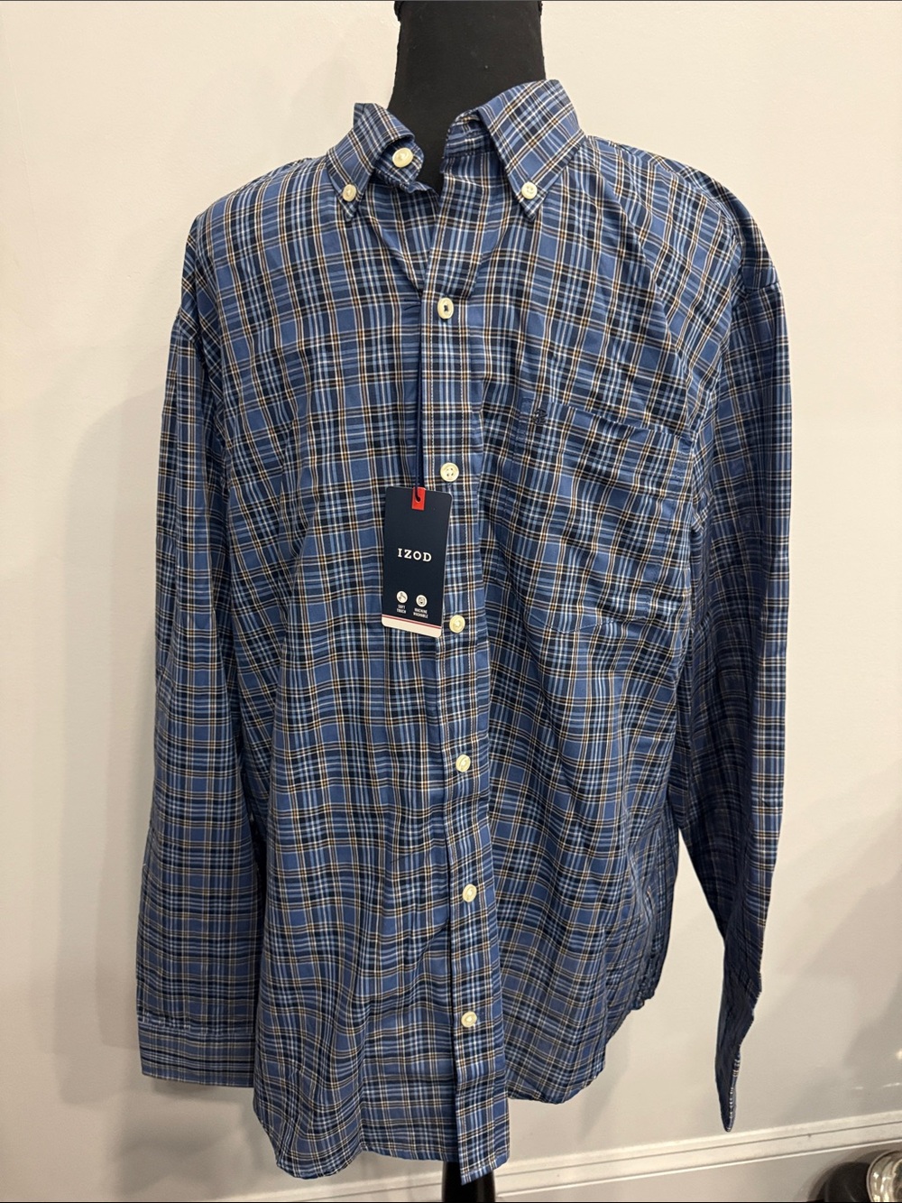 Izod Blue Plaid Button-Down Shirt with Yellow Accent Lines